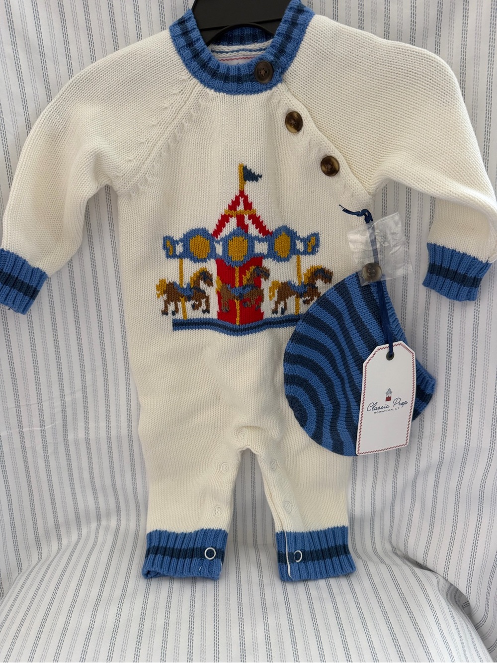 Classic Prep Cream & Blue Carousel Knit One-Piece with Hat